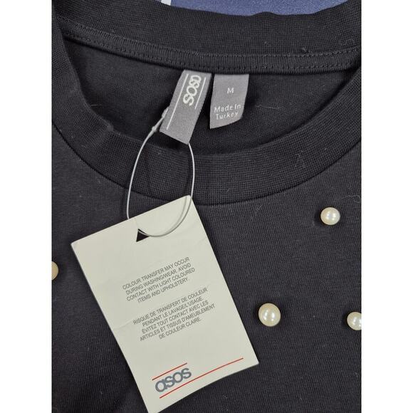 NWT Asos 100% Cotton Black Tunic Top Faux Pearl Design Sleeveless Sz M - Picture 5 of 5